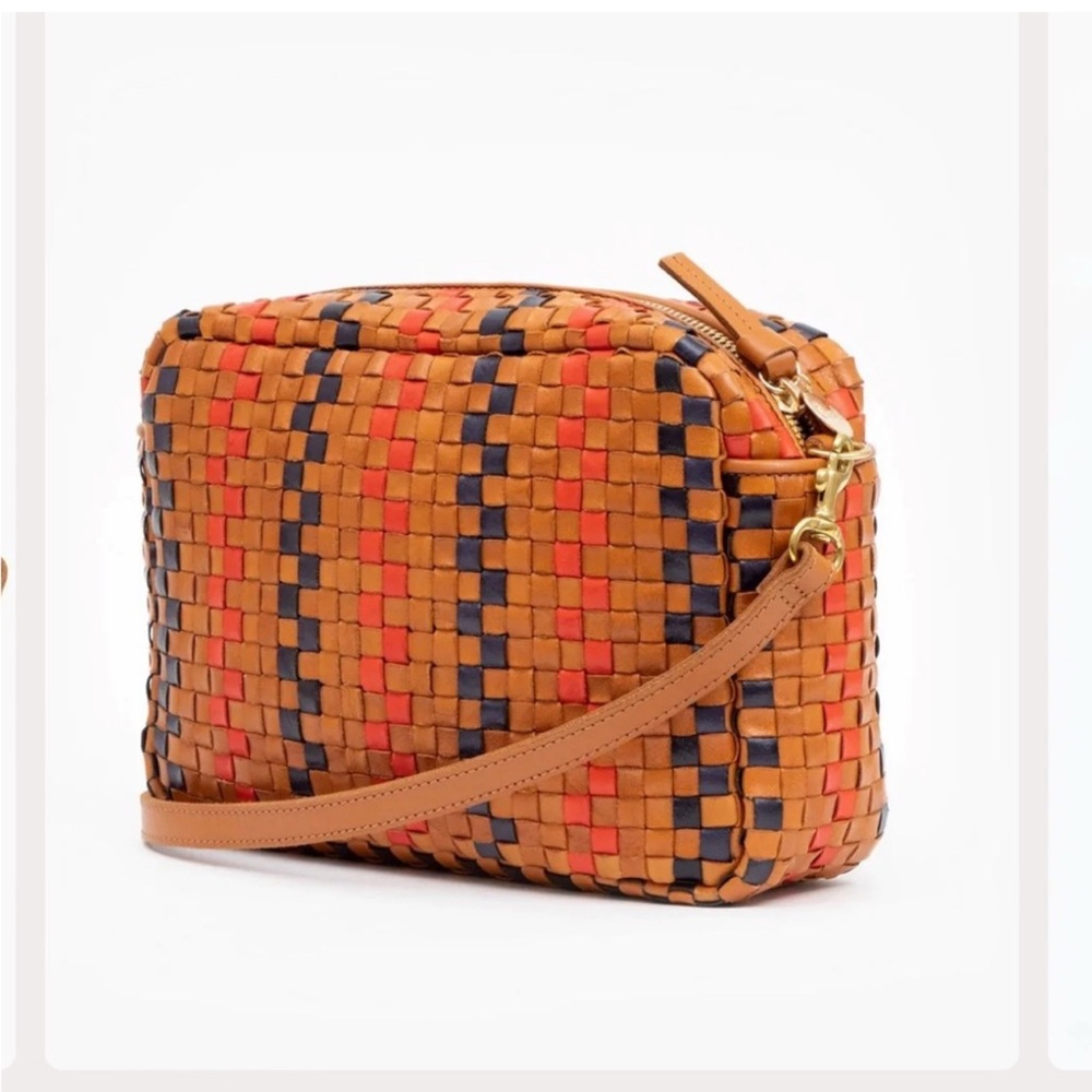 Clare V. Marisol Pinstripe Woven Checker Crossbody Bag Natural Navy Red